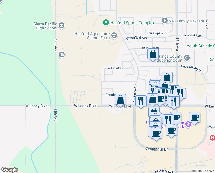map of restaurants, bars, coffee shops, grocery stores, and more near 2254 Independence Place in Hanford