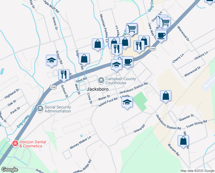 map of restaurants, bars, coffee shops, grocery stores, and more near 585 Main Street in Jacksboro