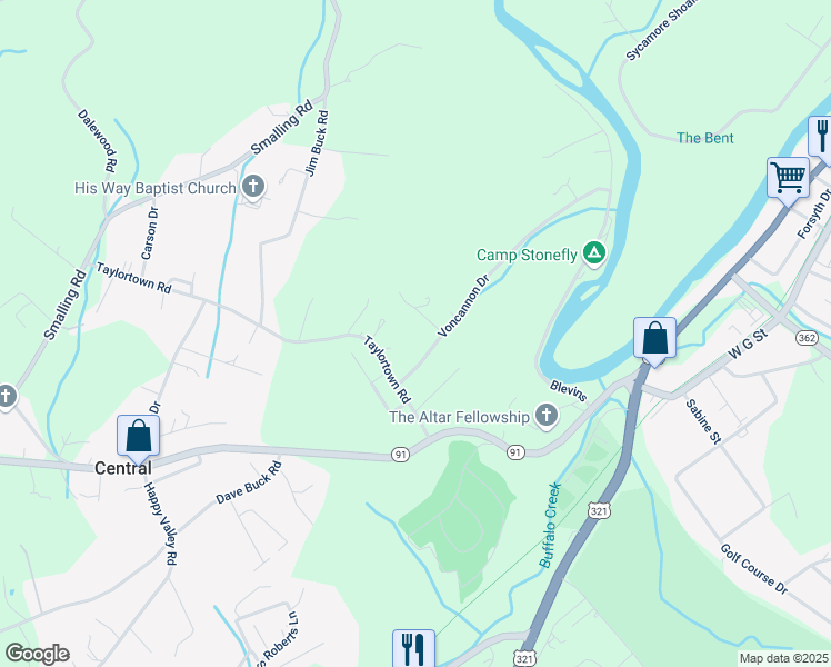 map of restaurants, bars, coffee shops, grocery stores, and more near 125 Voncannon Drive in Johnson City