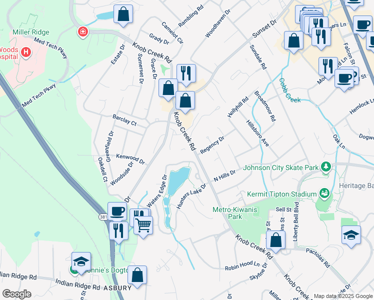map of restaurants, bars, coffee shops, grocery stores, and more near 1830 Waters Edge Drive in Johnson City
