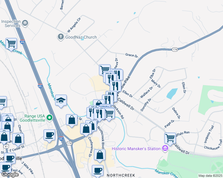 map of restaurants, bars, coffee shops, grocery stores, and more near 430 Long Hollow Pike in Goodlettsville
