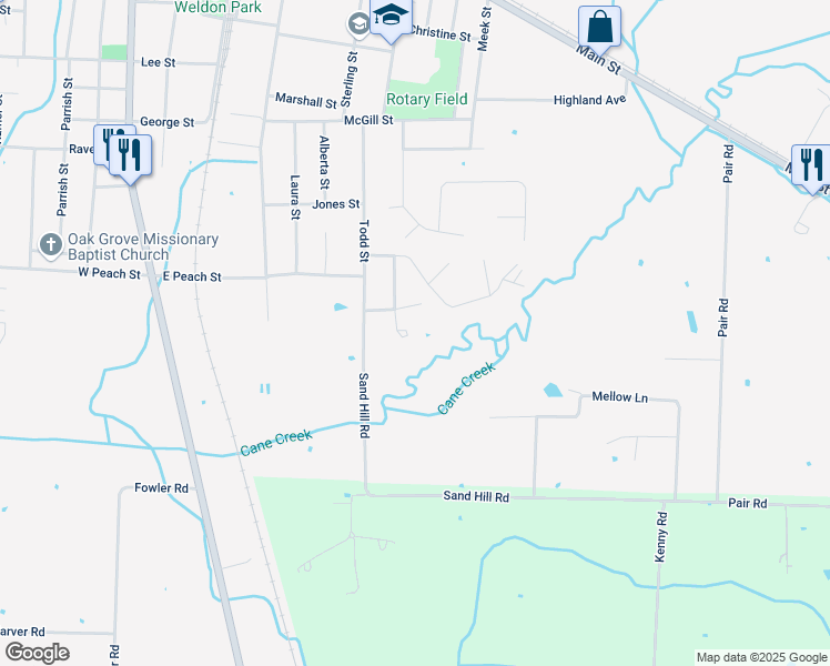 map of restaurants, bars, coffee shops, grocery stores, and more near 214 Evergreen Street in Martin