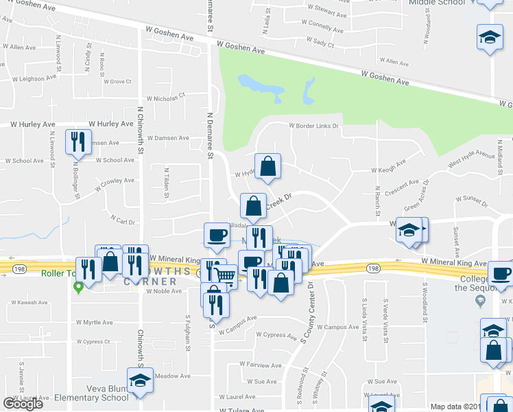 map of restaurants, bars, coffee shops, grocery stores, and more near 3424 West Mill Creek Drive in Visalia