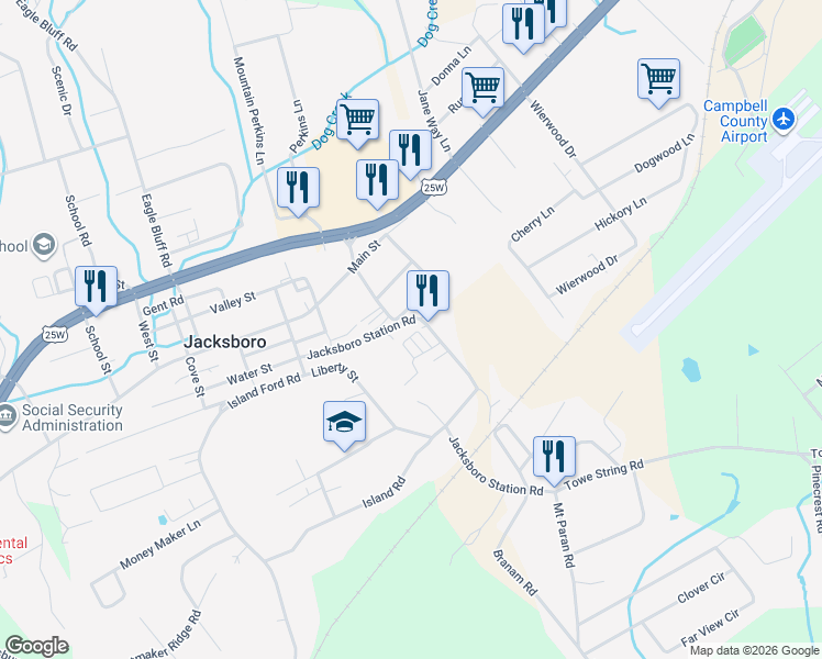 map of restaurants, bars, coffee shops, grocery stores, and more near 196 Jacksboro Station Road in Jacksboro