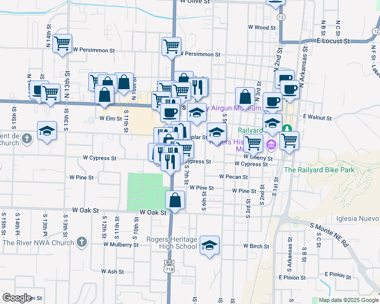 map of restaurants, bars, coffee shops, grocery stores, and more near 335 South 7th Street in Rogers