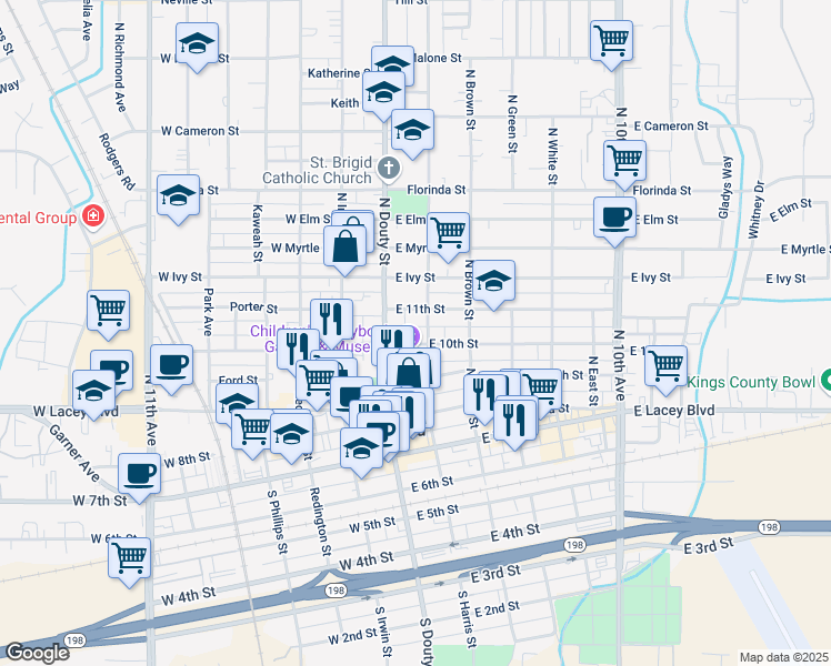 map of restaurants, bars, coffee shops, grocery stores, and more near 130 East 10th Street in Hanford