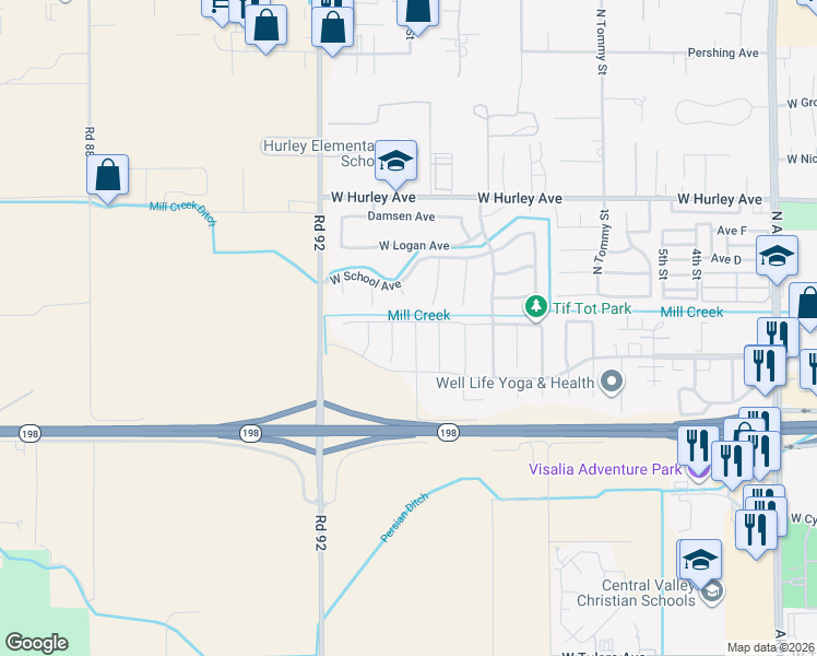 map of restaurants, bars, coffee shops, grocery stores, and more near 143 North Lindsay Street in Visalia