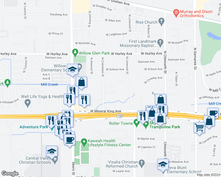 map of restaurants, bars, coffee shops, grocery stores, and more near 4805 West Crowley Court in Visalia
