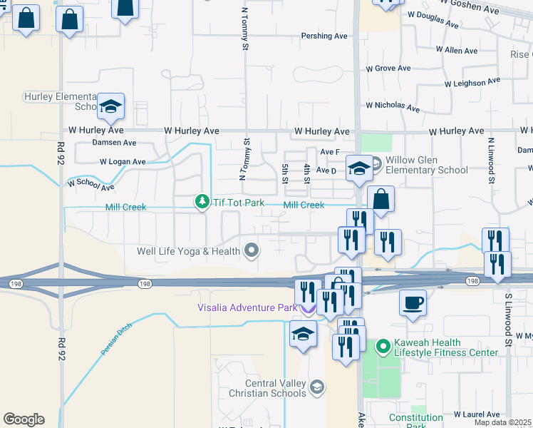 map of restaurants, bars, coffee shops, grocery stores, and more near 135 North Peppertree Street in Visalia