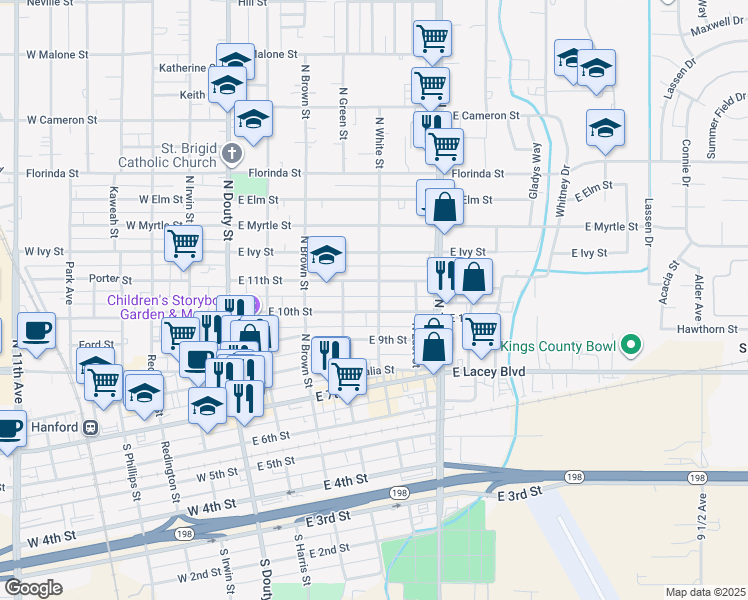 map of restaurants, bars, coffee shops, grocery stores, and more near in Hanford