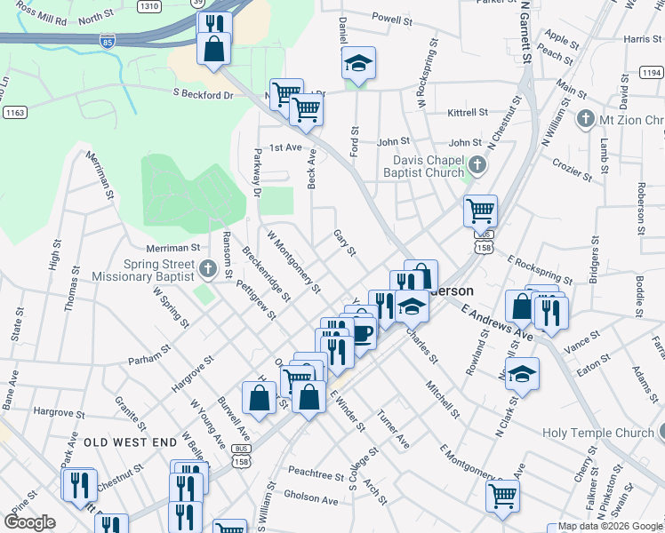 map of restaurants, bars, coffee shops, grocery stores, and more near 129 Walnut Street in Henderson