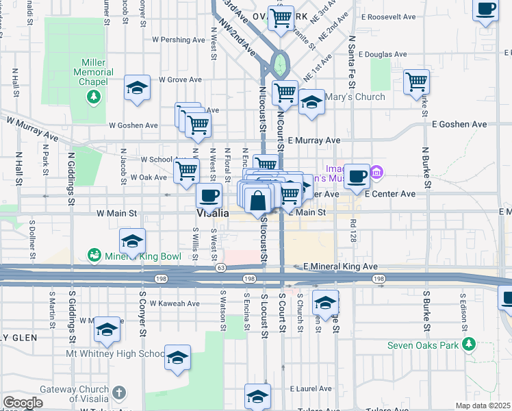 map of restaurants, bars, coffee shops, grocery stores, and more near 205 West Main Street in Visalia