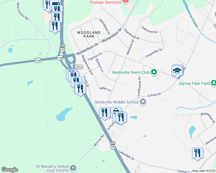 map of restaurants, bars, coffee shops, grocery stores, and more near 2302 Belmont Drive in Reidsville