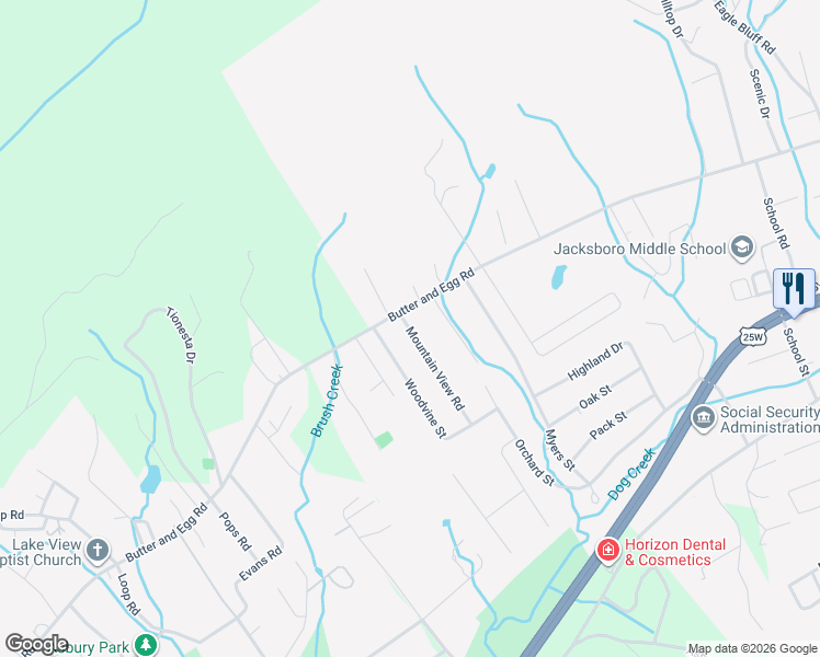 map of restaurants, bars, coffee shops, grocery stores, and more near 205 Mountain View Road in Jacksboro
