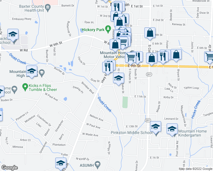 map of restaurants, bars, coffee shops, grocery stores, and more near 114 Dodd Street in Mountain Home