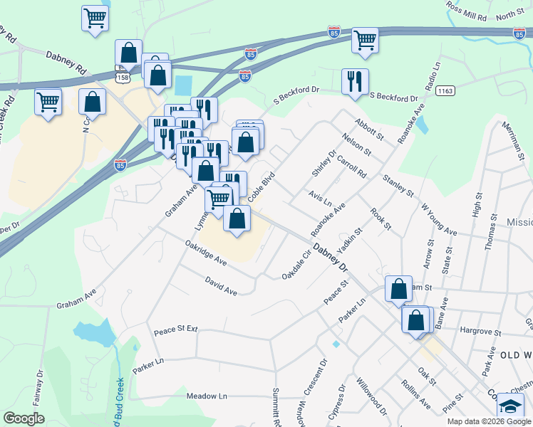 map of restaurants, bars, coffee shops, grocery stores, and more near 1201 Dabney Drive in Henderson