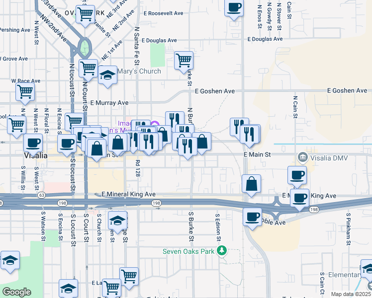 map of restaurants, bars, coffee shops, grocery stores, and more near 820 East Main Street in Visalia