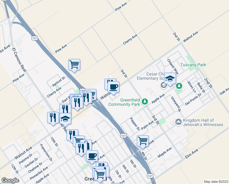 map of restaurants, bars, coffee shops, grocery stores, and more near 359 Walnut Avenue in Greenfield