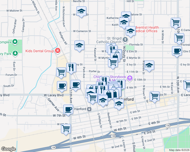 map of restaurants, bars, coffee shops, grocery stores, and more near 325 Center Street in Hanford
