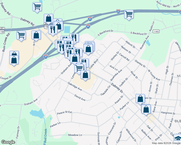 map of restaurants, bars, coffee shops, grocery stores, and more near 1227 Dabney Drive in Henderson