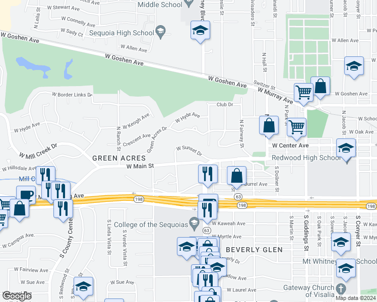 map of restaurants, bars, coffee shops, grocery stores, and more near 2217 West Sunset Drive in Visalia