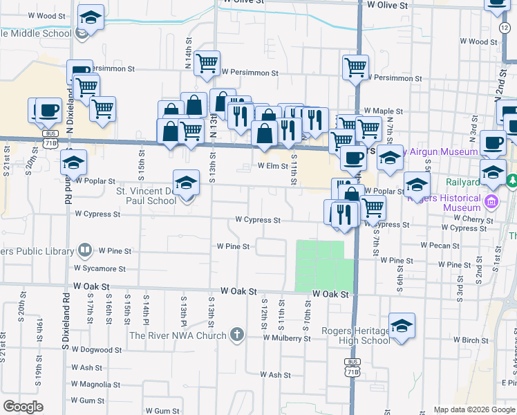 map of restaurants, bars, coffee shops, grocery stores, and more near 1122-1198 West Cypress Street in Rogers