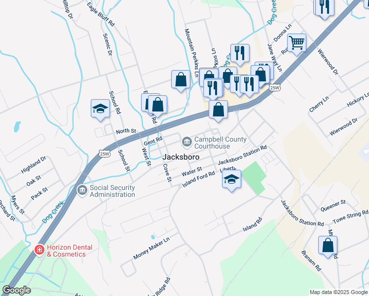 map of restaurants, bars, coffee shops, grocery stores, and more near 585 Main Street in Jacksboro