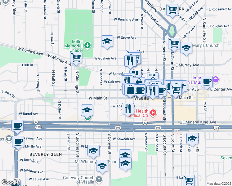 map of restaurants, bars, coffee shops, grocery stores, and more near 725 West Main Street in Visalia
