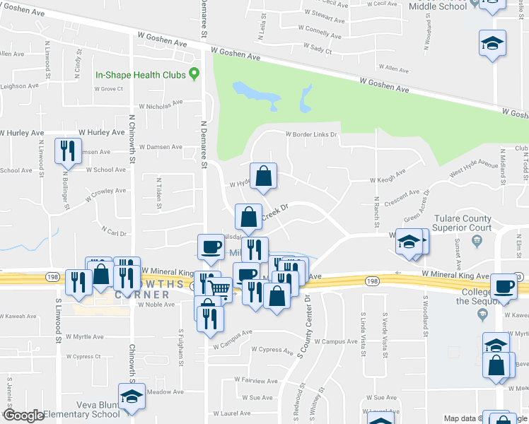 map of restaurants, bars, coffee shops, grocery stores, and more near 3332 West Mill Creek Drive in Visalia