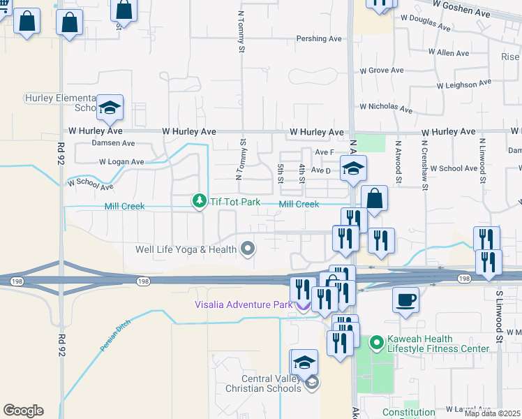 map of restaurants, bars, coffee shops, grocery stores, and more near 135 North Peppertree Street in Visalia