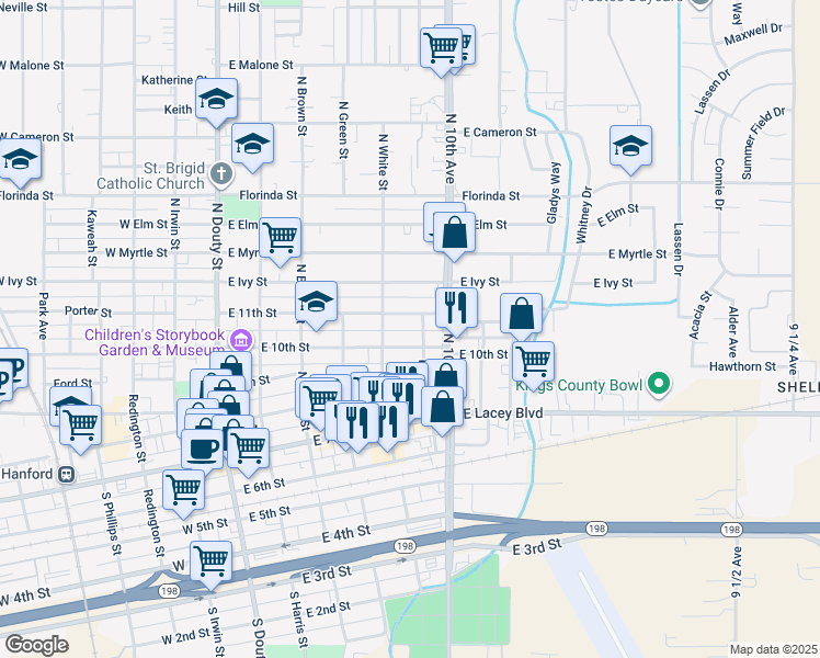 map of restaurants, bars, coffee shops, grocery stores, and more near 517 East 10th Street in Hanford