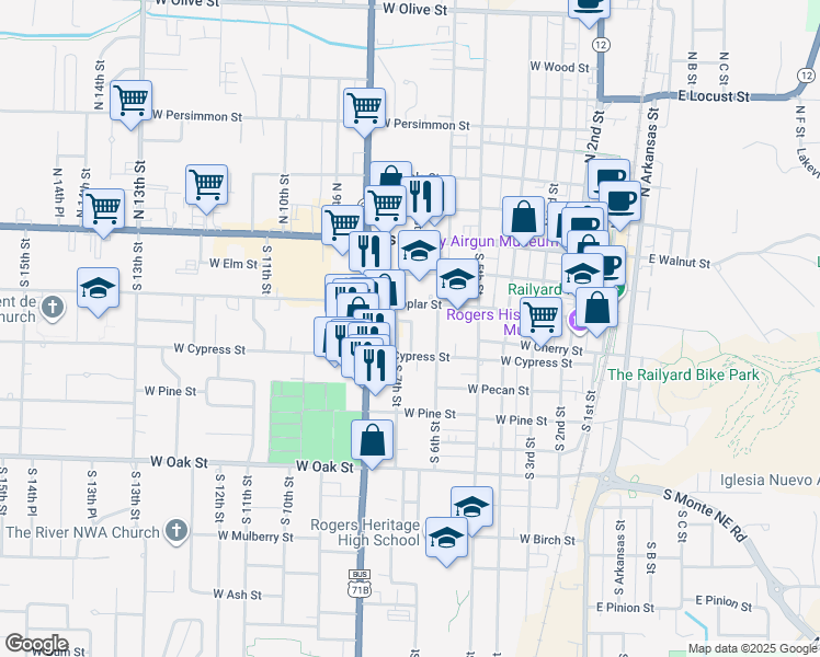 map of restaurants, bars, coffee shops, grocery stores, and more near 420 South 6th Street in Rogers