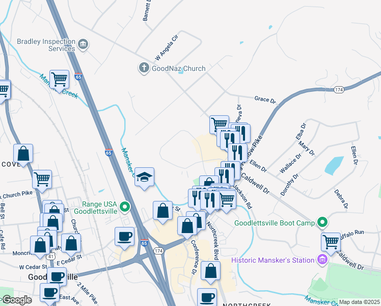 map of restaurants, bars, coffee shops, grocery stores, and more near 3001 Business Park Circle in Goodlettsville