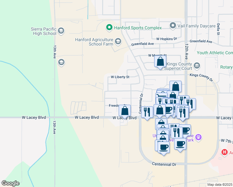 map of restaurants, bars, coffee shops, grocery stores, and more near 2191 Independence Place in Hanford