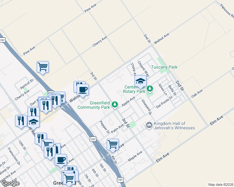 map of restaurants, bars, coffee shops, grocery stores, and more near 274 Apple Avenue in Greenfield
