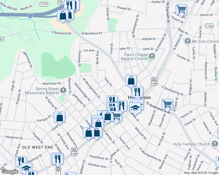map of restaurants, bars, coffee shops, grocery stores, and more near 322 Young Street in Henderson