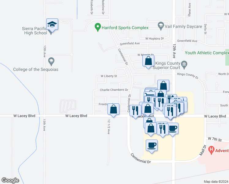 map of restaurants, bars, coffee shops, grocery stores, and more near 2141 Charlie Chambers Drive in Hanford