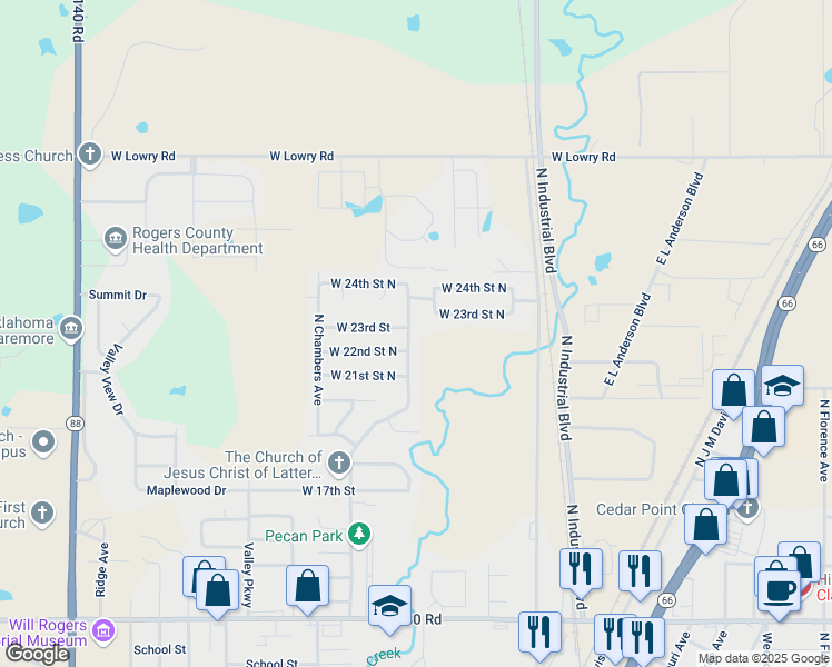 map of restaurants, bars, coffee shops, grocery stores, and more near 2004 North Chambers Terrace in Claremore