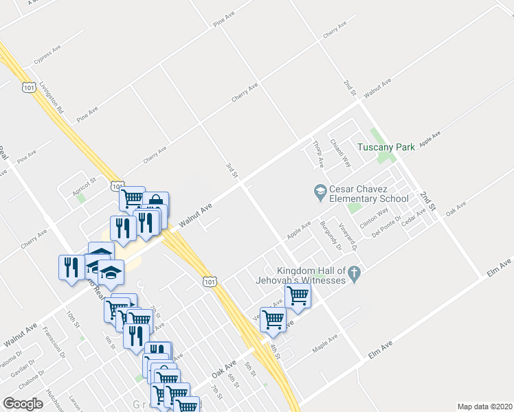 map of restaurants, bars, coffee shops, grocery stores, and more near 40740 3rd Street in Greenfield
