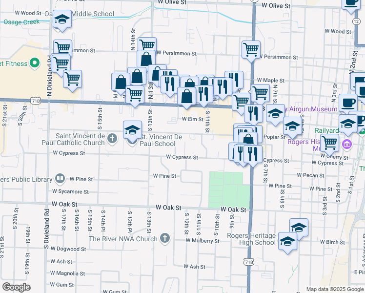 map of restaurants, bars, coffee shops, grocery stores, and more near 308 South 11th Place in Rogers