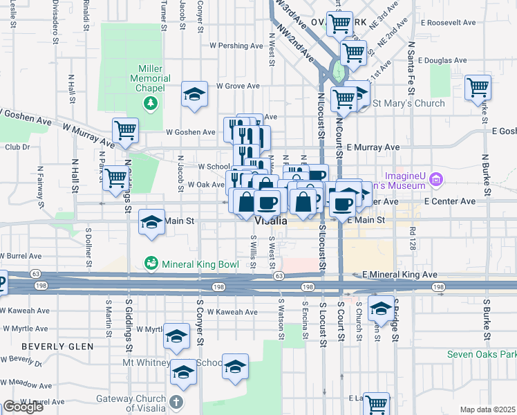 map of restaurants, bars, coffee shops, grocery stores, and more near 600 West Center Avenue in Visalia