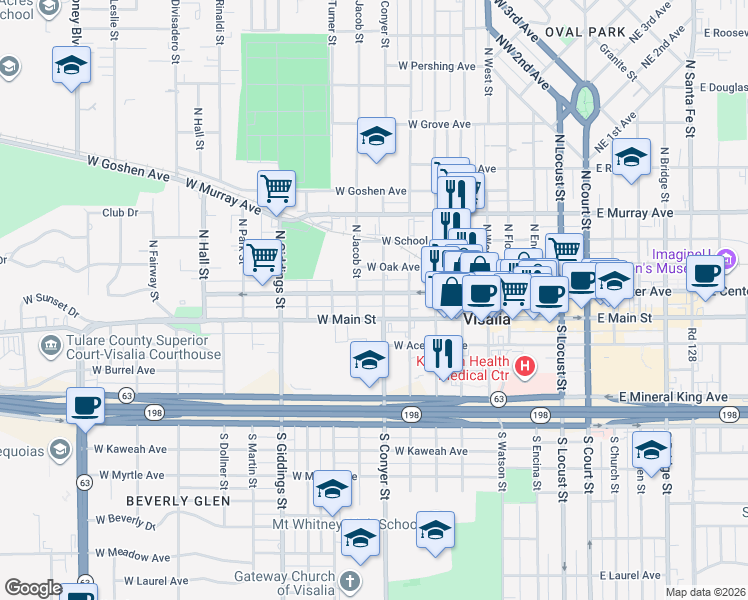 map of restaurants, bars, coffee shops, grocery stores, and more near 215 North Conyer Street in Visalia