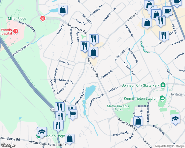 map of restaurants, bars, coffee shops, grocery stores, and more near 1905 Knob Creek Road in Johnson City