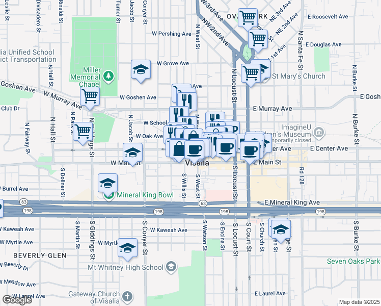 map of restaurants, bars, coffee shops, grocery stores, and more near 218 North West Street in Visalia