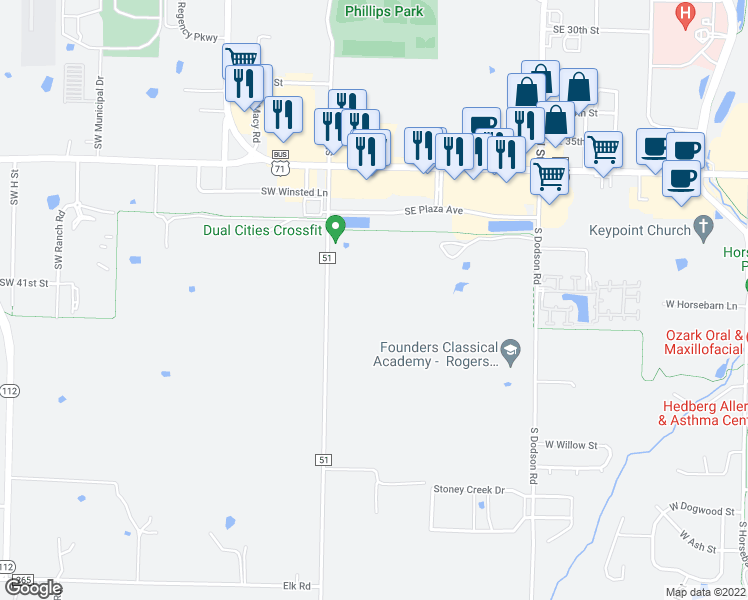 map of restaurants, bars, coffee shops, grocery stores, and more near 1501 South Rainbow Road in Rogers