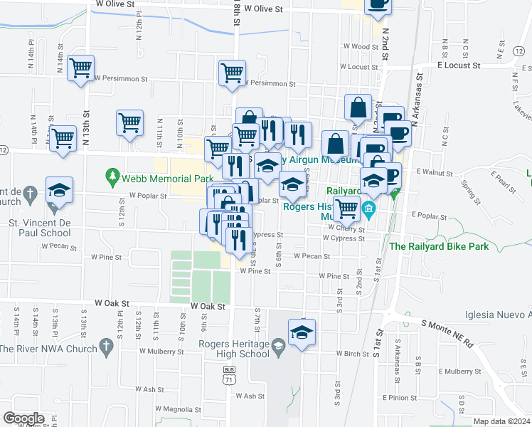 map of restaurants, bars, coffee shops, grocery stores, and more near 307 South 7th Street in Rogers