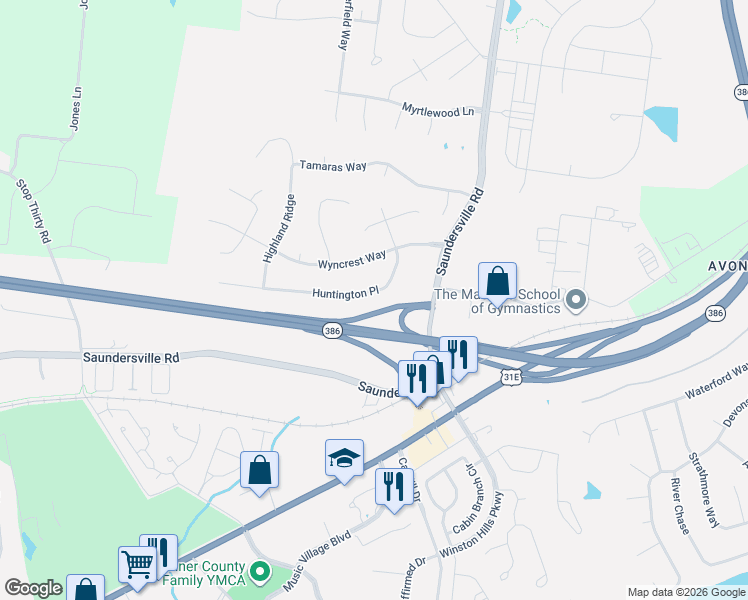 map of restaurants, bars, coffee shops, grocery stores, and more near 106 Huntington Place in Hendersonville