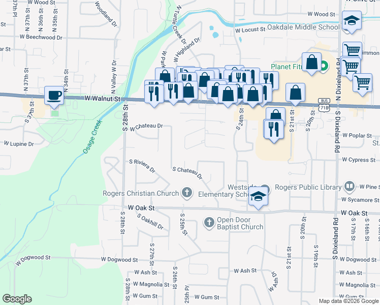 map of restaurants, bars, coffee shops, grocery stores, and more near 2817 West Rife Circle in Rogers