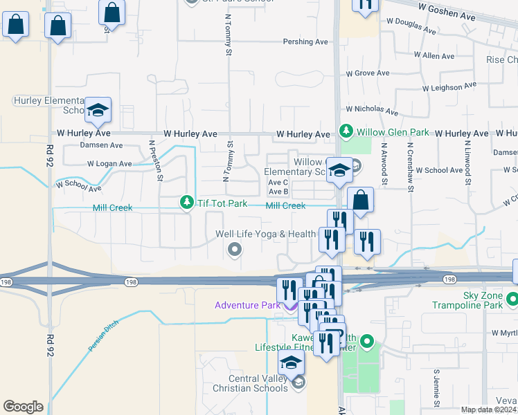 map of restaurants, bars, coffee shops, grocery stores, and more near 5718 West Robinwood Court in Visalia