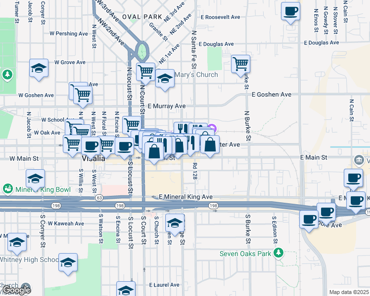 map of restaurants, bars, coffee shops, grocery stores, and more near 425 East Oak Avenue in Visalia